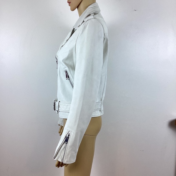 AQUA KELSEY LEATHER BELTED MOTO JACKET ASYMMETRICAL ZIP Bone Sz M - Picture 3 of 7